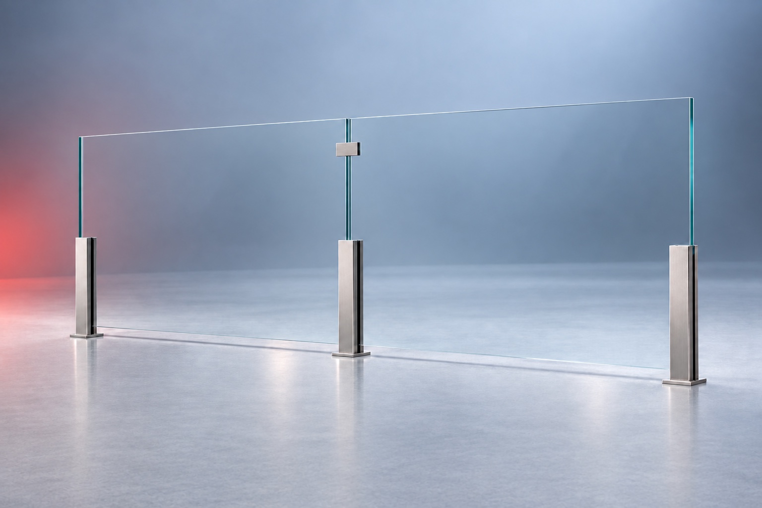 Apoyos cortos y unión rectangular de vidrio en acero satinado